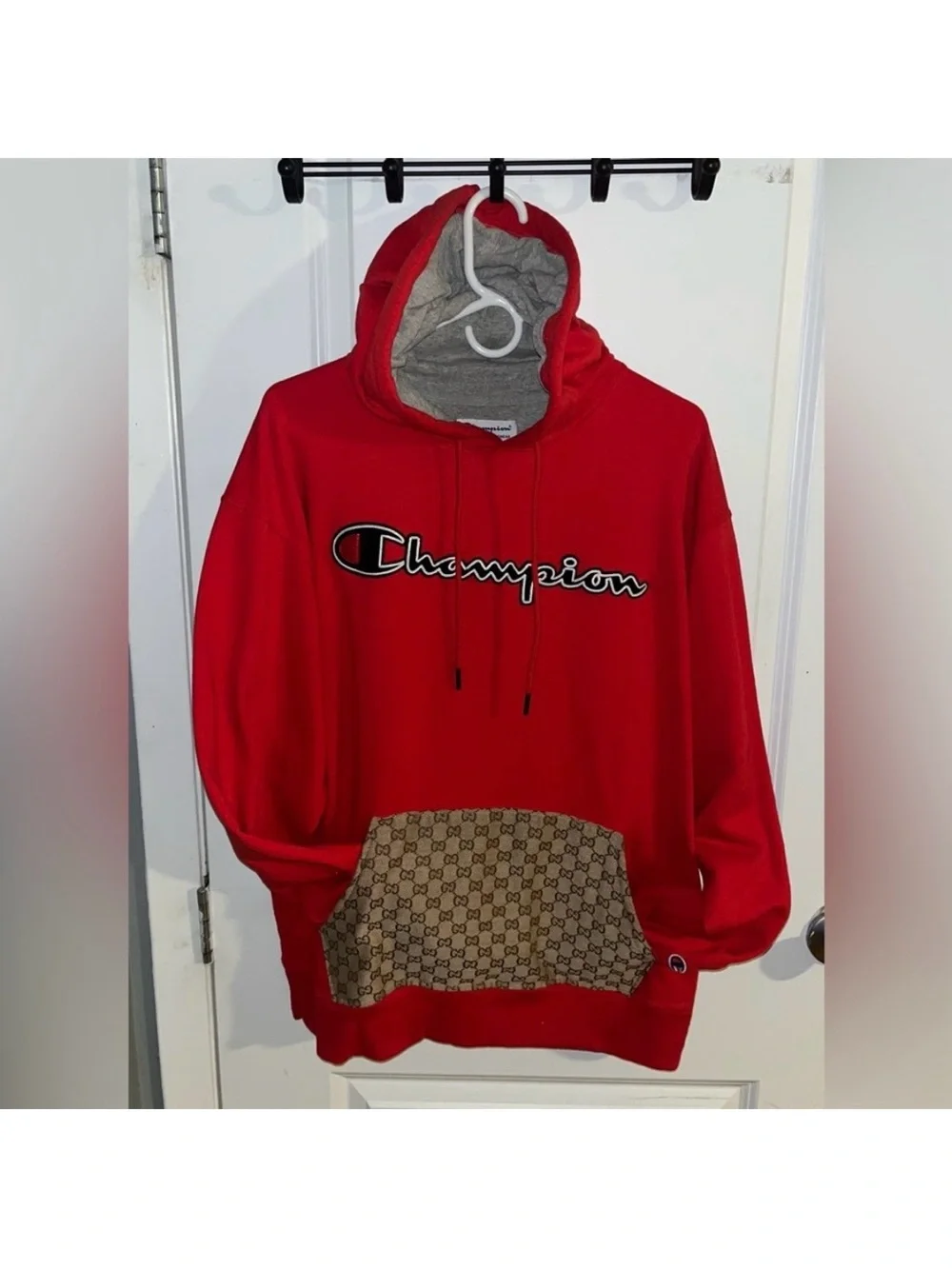 CUSTOM MADE Red Champion Hoodie Sweatshirt With GUCCI Fabric Front Pocket Large